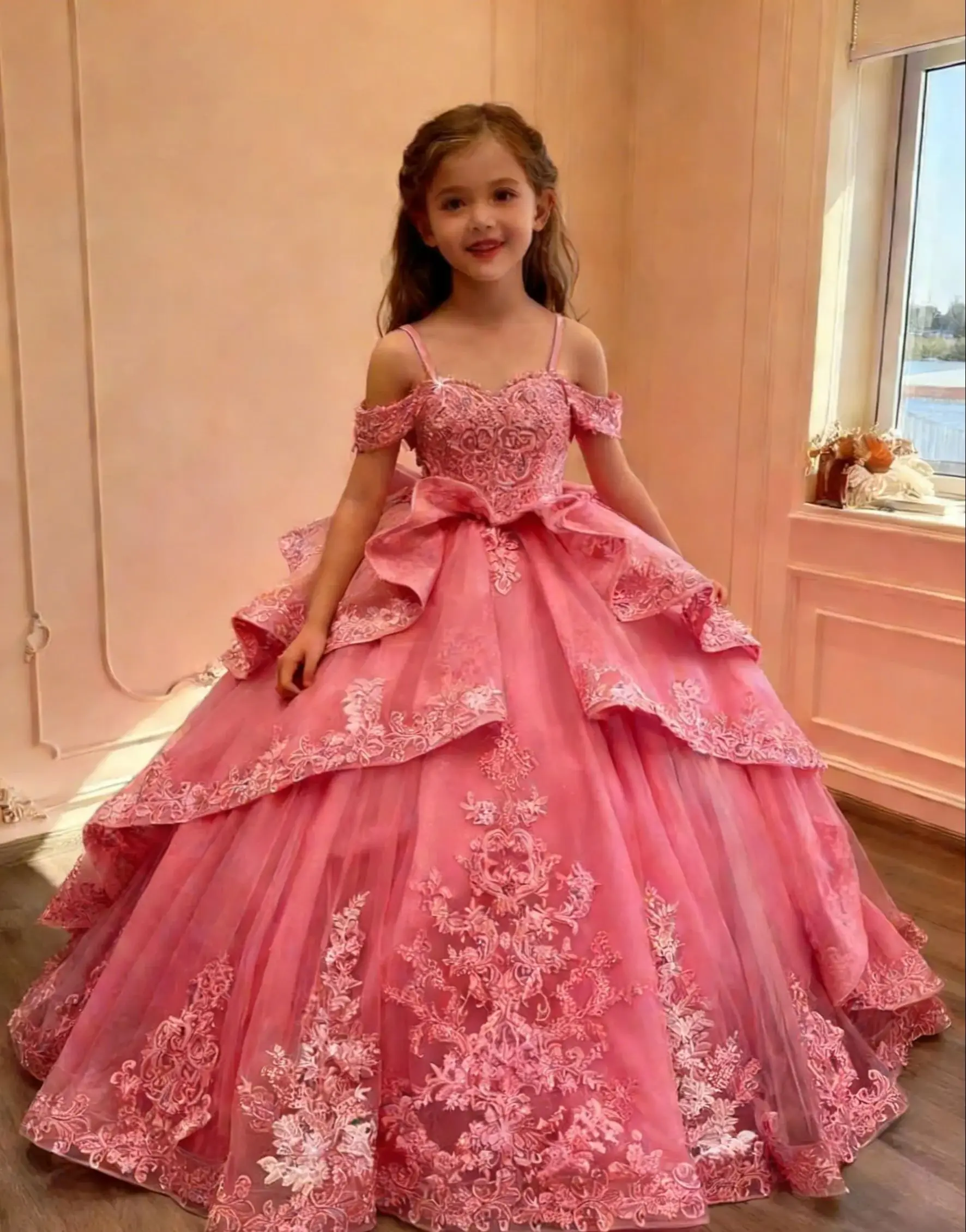 

Gorgeous Custom Flower Girl Dress For Wedding Off Shoulder Ruffles Appliqued Bow Princess Dress Kids First Communion Gown
