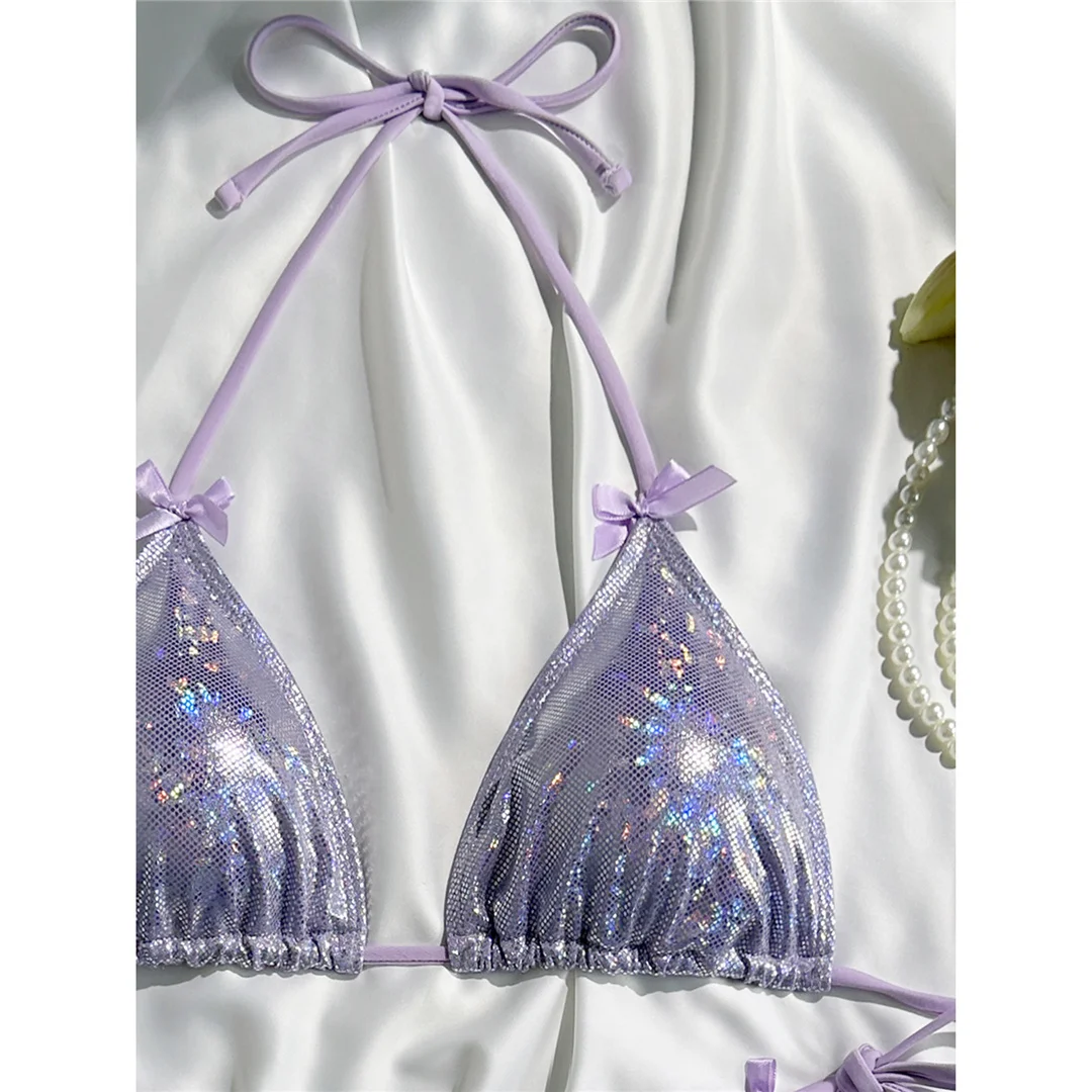 Glitzernder, funkelnder Neckholder-Bikini, Damen-Badebekleidung, zweiteiliger Bikini-Set, Badeanzug mit hohem Beinausschnitt, Badeanzug, Schwimmanzug V7269 – Detail 13