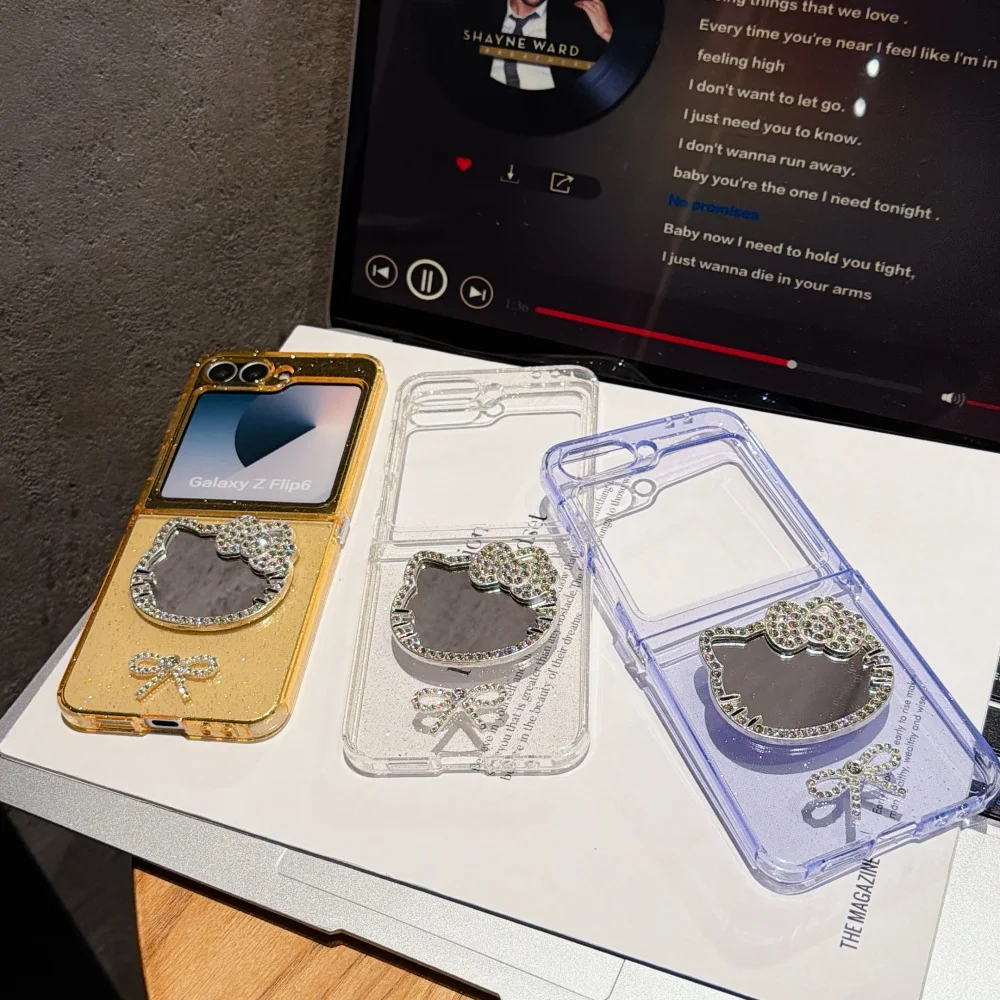 Glitzer-Diamant-Schleifen-Spiegel-Handyhülle für Samsung Galaxy ZFlip 7 6 5 4 3, faltbare Flip-Hülle mit vollständigem Scharnierschutz, stoßfest, für Mädchen