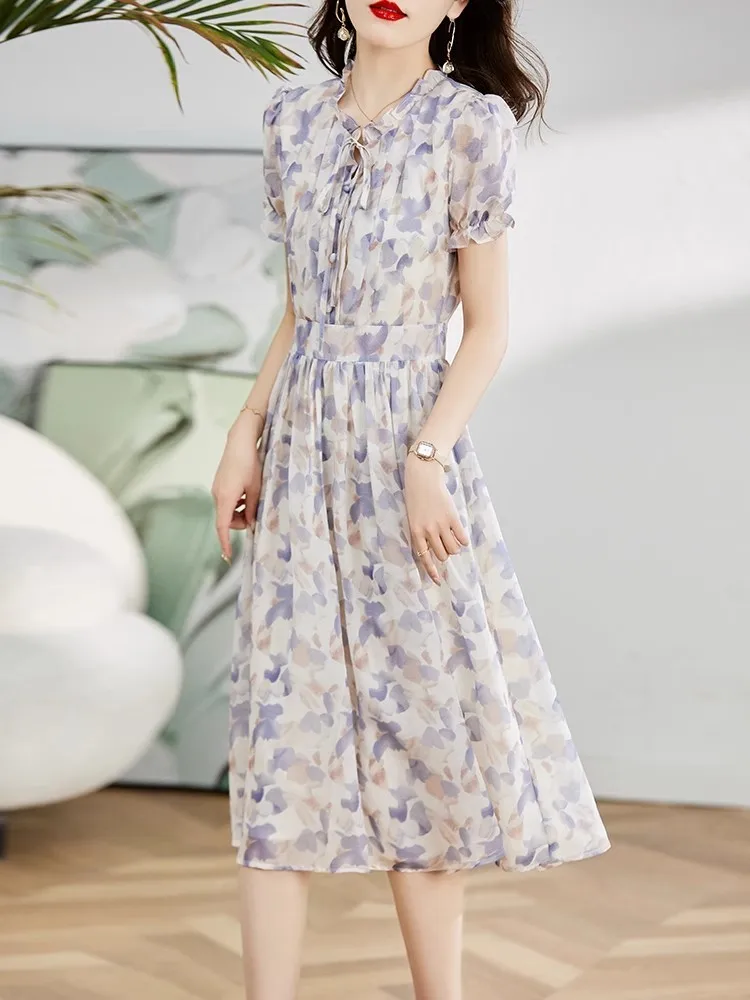 Fashion Silk Floral Printing Elegant Dress Women Summer Middle Long Dresses Office Ladies Short Sleeve High Waist Pullover Dress