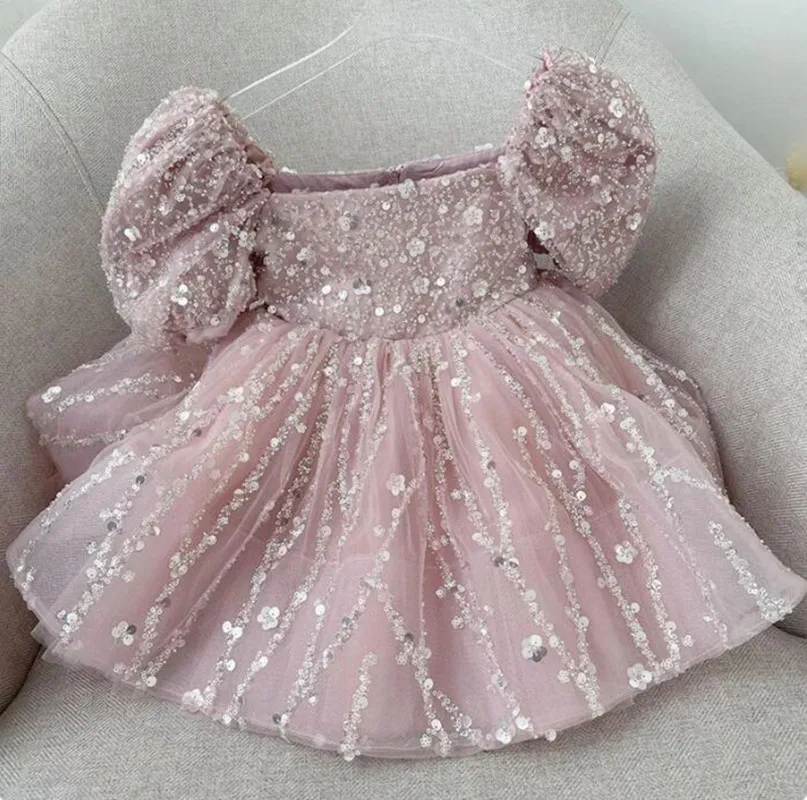 Robe tutu à manches courtes pour bébé fille, jolie tenue de fête d\'anniversaire à paillettes, longueur aux genoux, motif floral