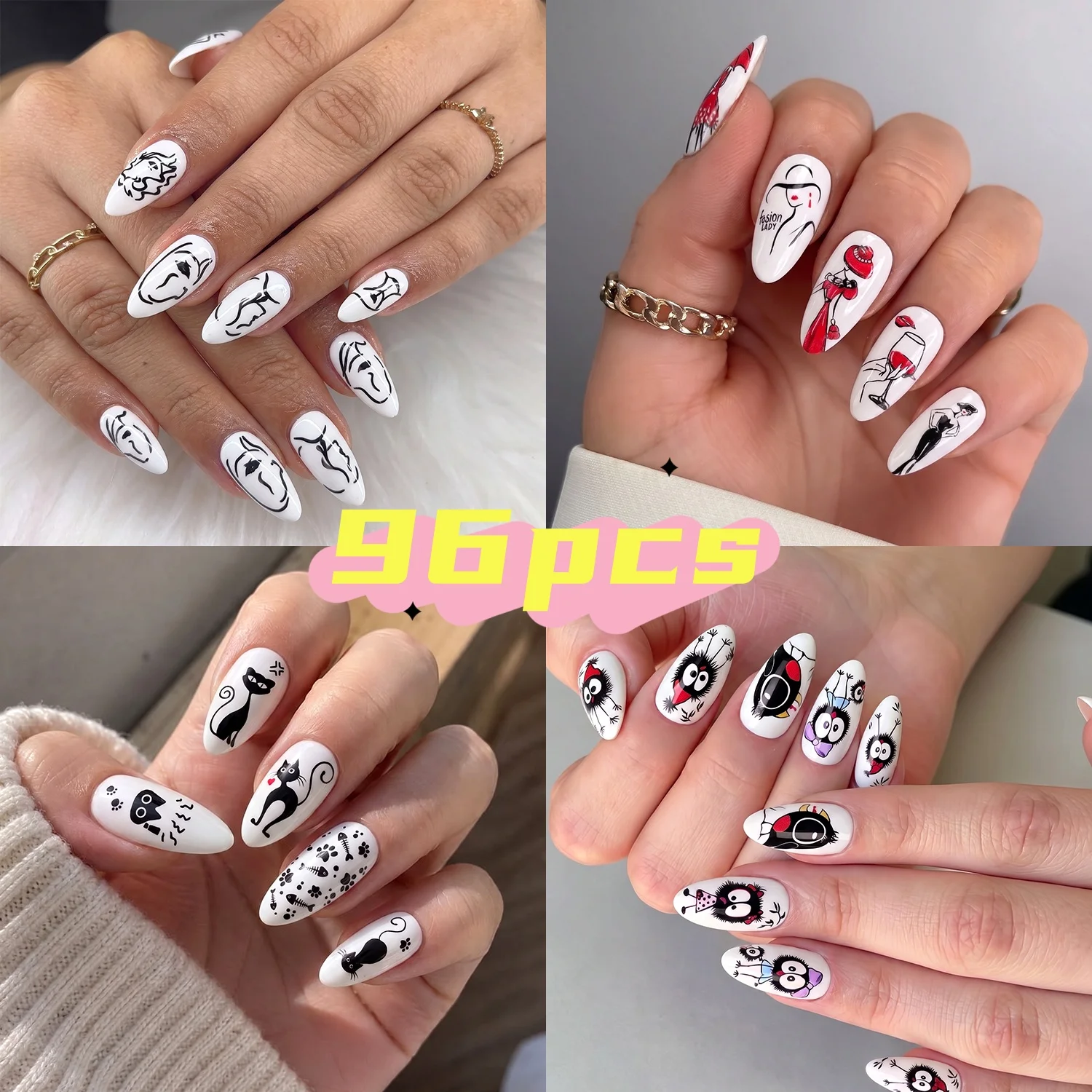 96Pcs Abstract Portrait False Nail Tips Black White Hand Drawn Face Cartoon Cat Press On Nails For Nail Art Party & Daily Wear *