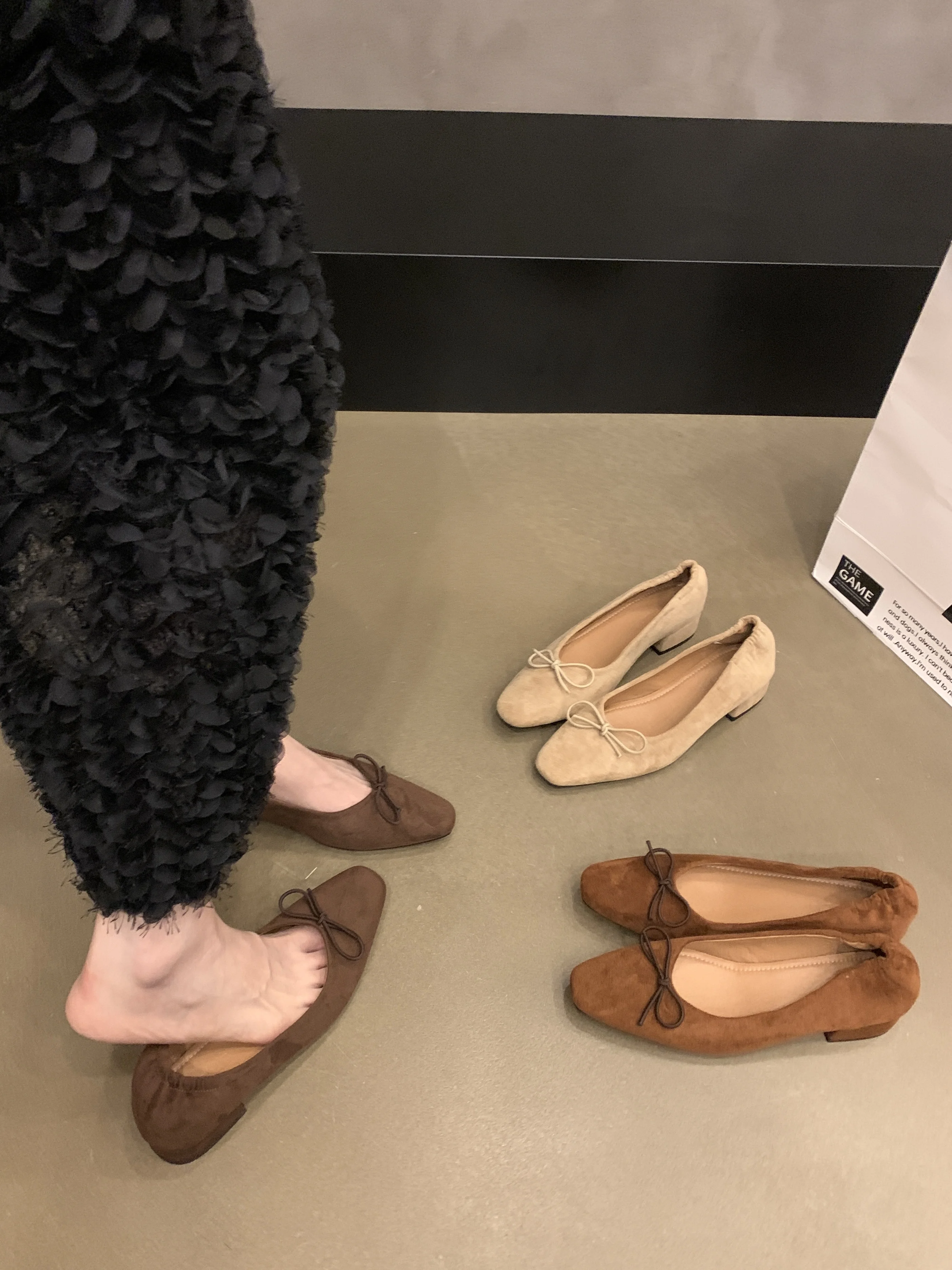 靴ヒール付きボウノットスリッポン女性女性靴バレエフラット浅い口スクエアトゥ秋蝶スリップオンドレスレトロ