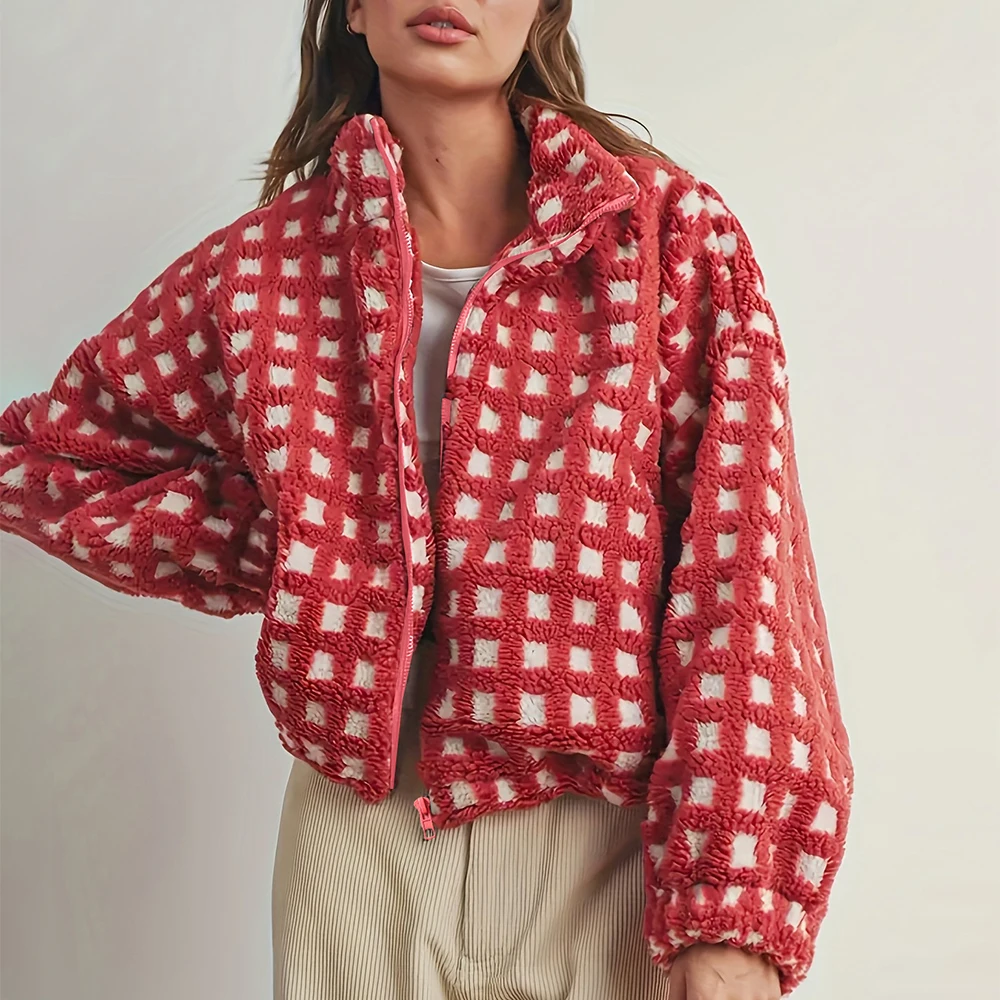 

Модная клетчатая пушистая красная женская куртка, осень-зима, горячая распродажа, торговый дизайн, сенсационная верхняя одежда