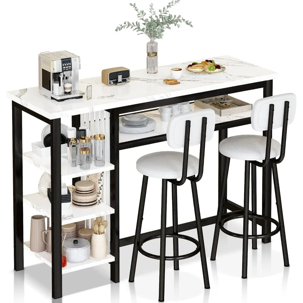 

Furniture Kitchen Bar Height Table and Chairs for 2, 5-Tier Compact Dining Room Table, White Faux Marble Top and 2 PU Leather U