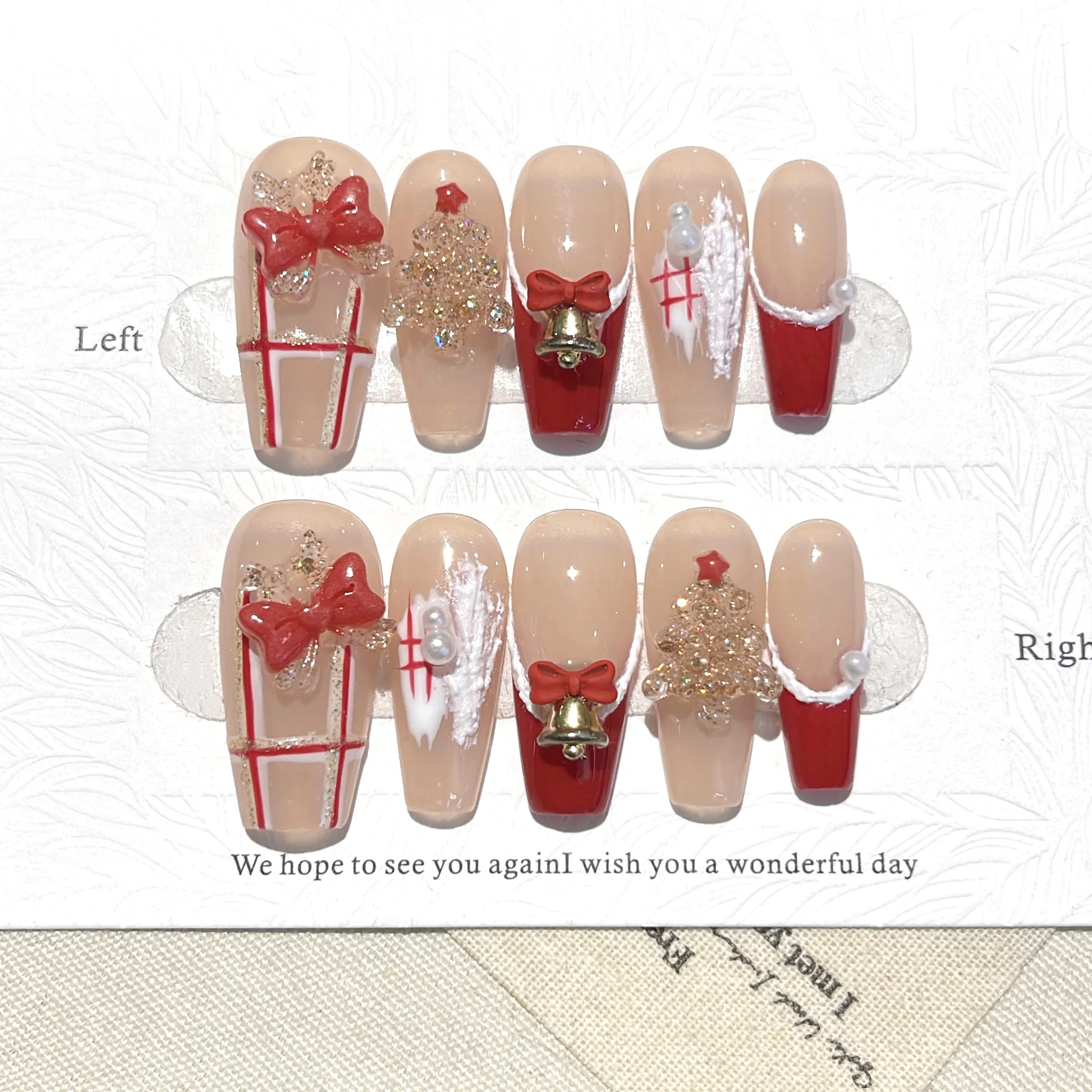 10PCS Original Handcrafted False Nails, Nude Red Long Taper Press On Nails with Christmas Tree Bell Bow Nail Art Tips
