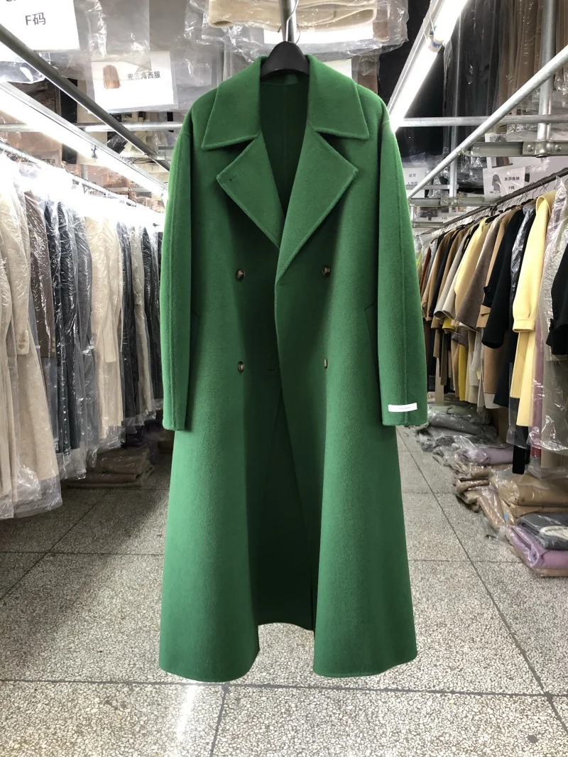 New Green Women Thick Cashmere Wool Long Coat Overcoat Elegant Lace-up Laepl Double-sided Wool Coat Loose Female Autumn Winter