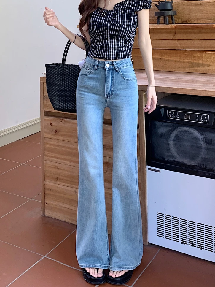 

Женские джинсы-клеш с эффектом потертости, средней посадки, синие, весенние, повседневные, стройнящие, длинные брюки