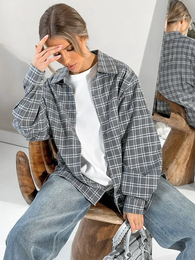 Neues Herbst-beiläufiges loses kariertes Damenhemd, Damenbluse, Vintage-Kleidung, elegante Damenhemden, kariertes Damenhemd, Hemden weiblich