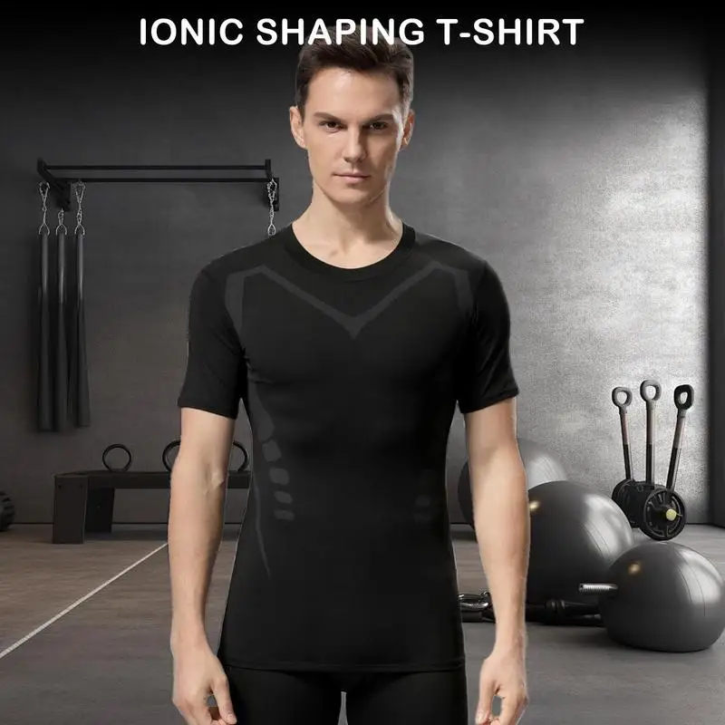 Tight Sleeve T Shirts Men Ionic Shaping Tight Workout Shirt Quick Drying Printing Compression Short Sleeve High Elastic T-Shirt