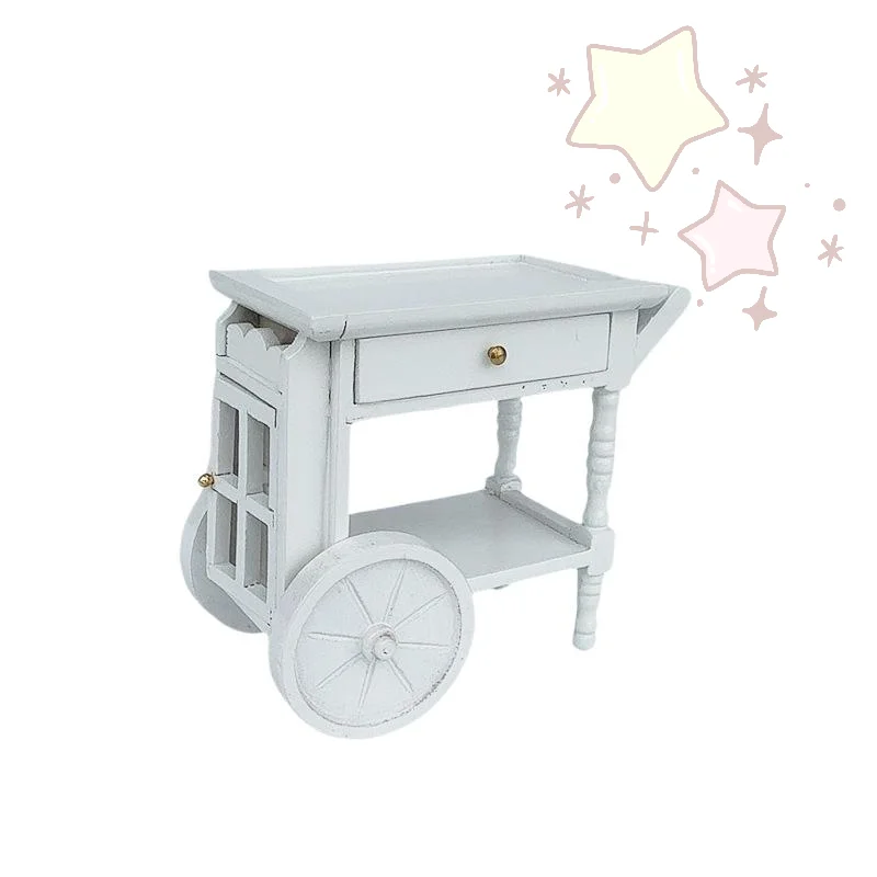 

[TJ]1Pcs 1:12 Dollhouse White Wooden Meal Driver Cart Model Simulation Handcart Ornament Doll House Restaurant Scene Accessories