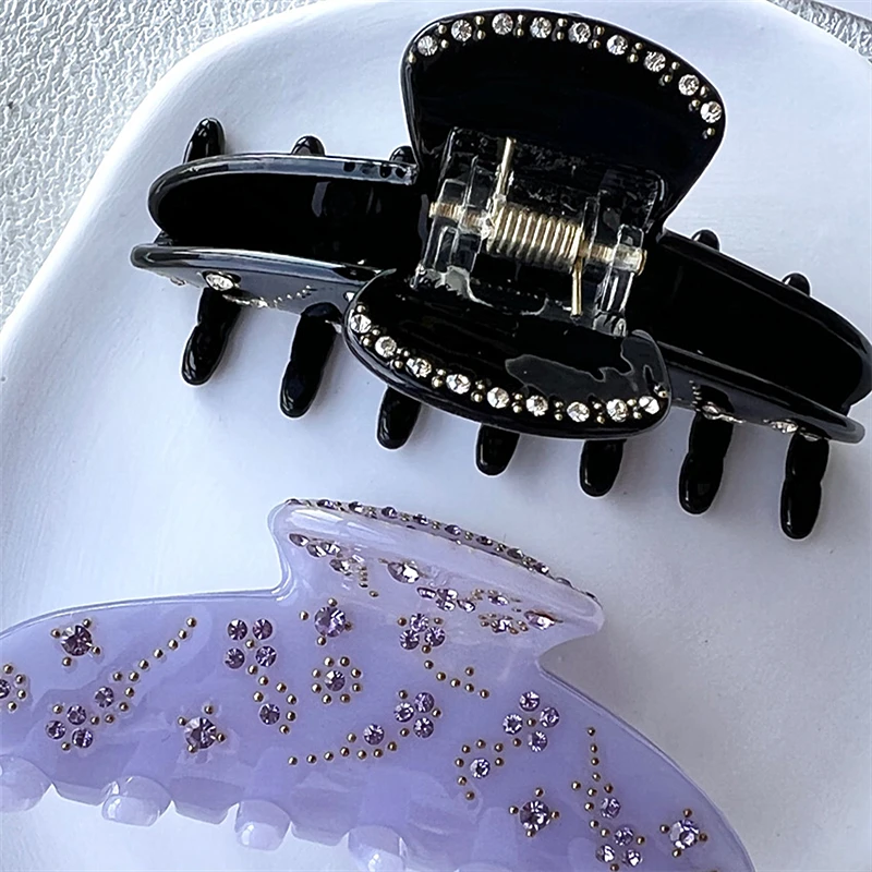 HANGZHI French Handmade Rhinestone Shark Hair Claw Elegant Purple Black Acetate Ponytail Hair Clip for Women Girls Headwear New