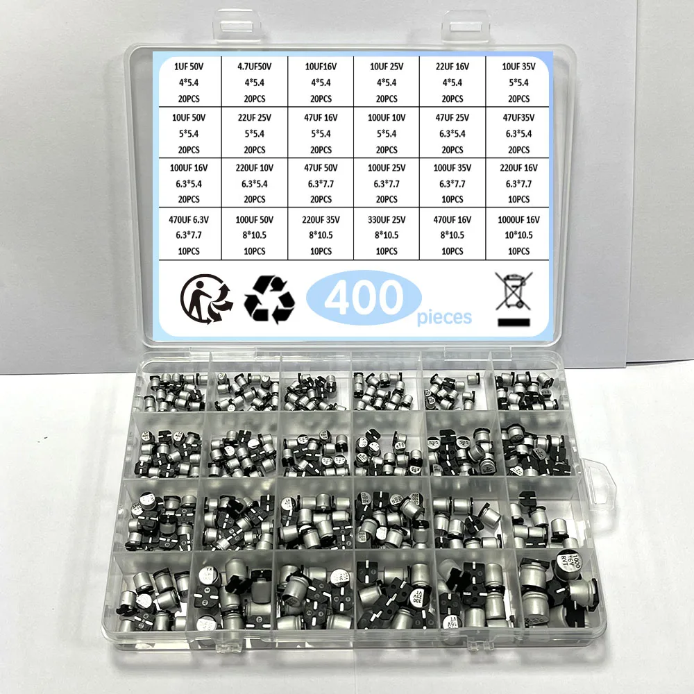 

400/1500 шт./лот 1 мкФ ~ 1000 мкФ 6,3 В-50 В 24/36 значения SMD алюминиевые электролитические конденсаторы в ассортименте + коробка