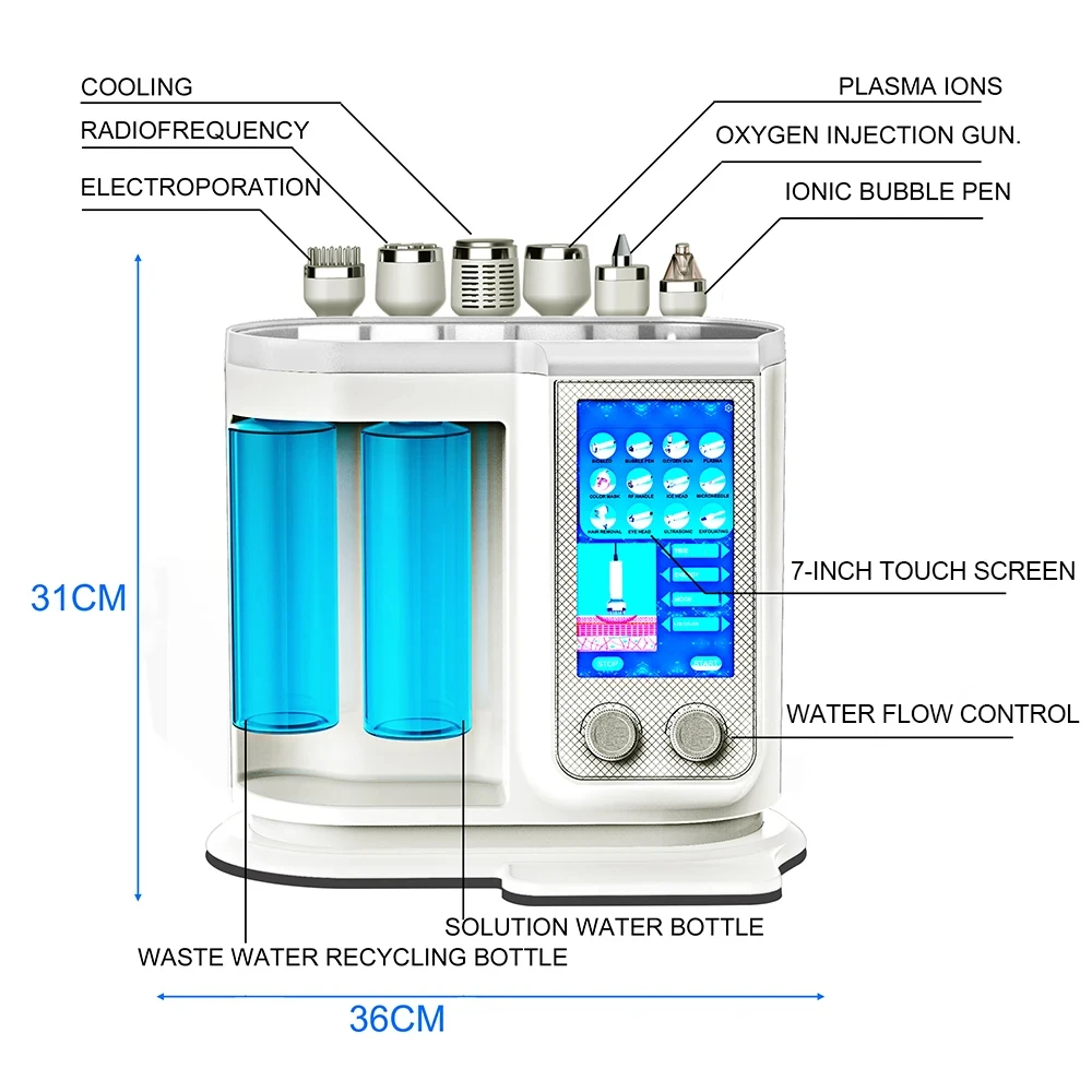 Multi-functional Facial Beauty Machine Bubble Clean Vacuum Lifting Cold Hammer Plasma Ion EMS RF Oxygen Inject Electroporation