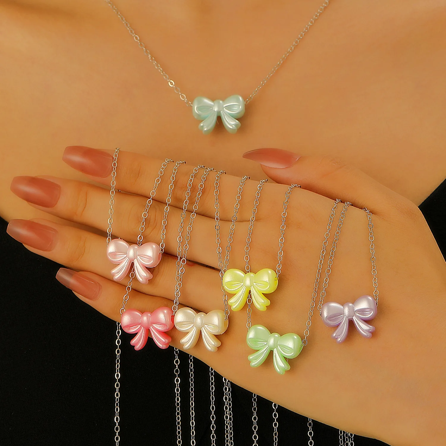 

ins wind colored bow necklace female, sweet princess collarbone chain, colored dopamine jewelry simple
