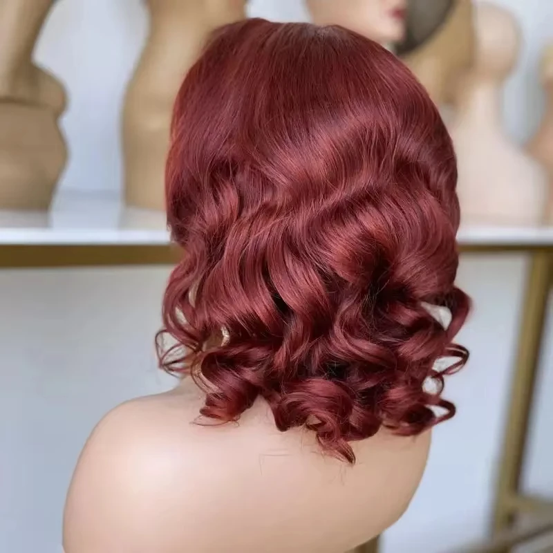 Wig Bob Burgundy 99J rambut manusia 5 × 6 Wig renda depan rambut manusia Wig gelombang tubuh longgar tanpa lem untuk wanita hitam dengan kepadatan 180%