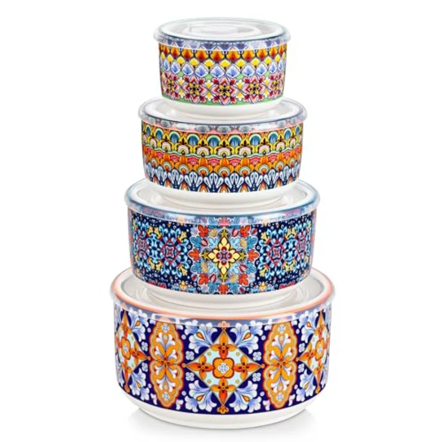 Serving Bowls with Lids Set of 4 Ceramic Nesting Mixing Bowls for Food Storage Prep and Stackable Dishwasher and Microwave Safe