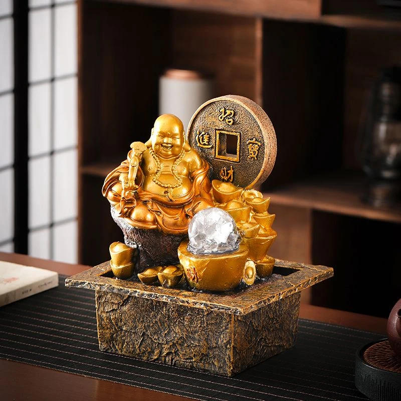 Maitreya God of Wealth Charm Decoration, Resin Household, Circulating Water Polo Desktop, Office Desktop, Zen Craft Decoration