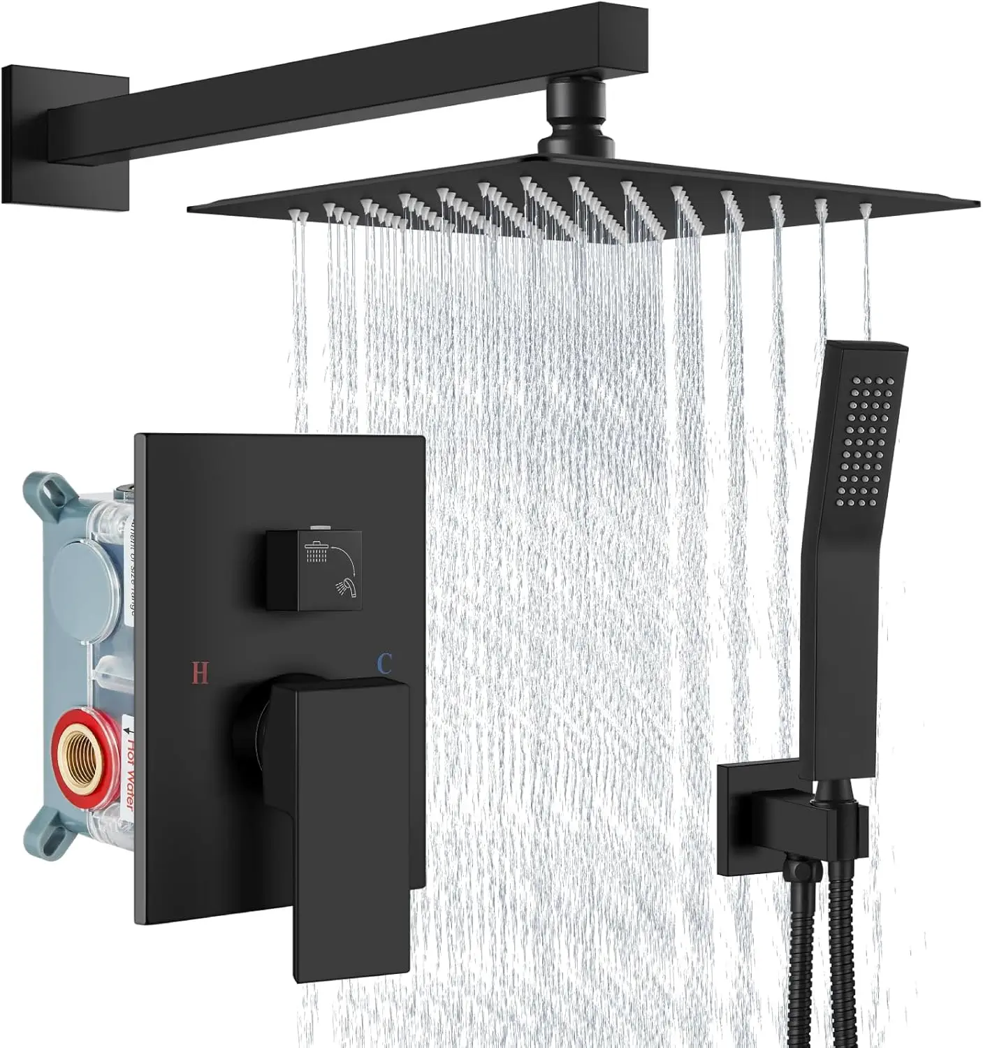 

Матовый черный душевой гарнитур с тропическим душем, ручным распылителем, клапаном и комплектом отделки - настенный монтаж 8 дюймов