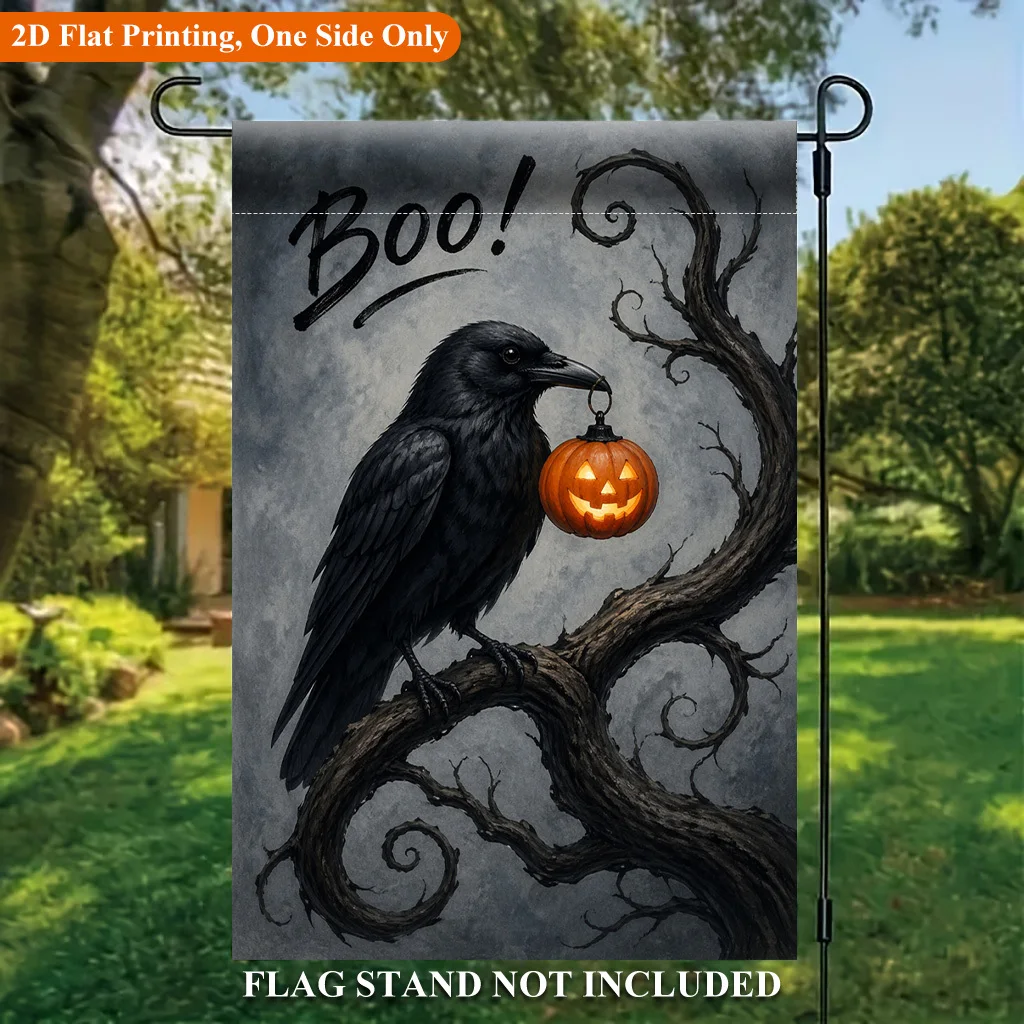 2D Flat Garden Flag 1 Piece, Raven with Pumpkin Lantern Holiday Garden Outdoor Flag, Suitable for Outdoor Home and Garden Holiday Decoration, Valentine's Day, Mother's Day, Christmas, Thanksgiving, Halloween, Flagpole Not Included (Flag Only)