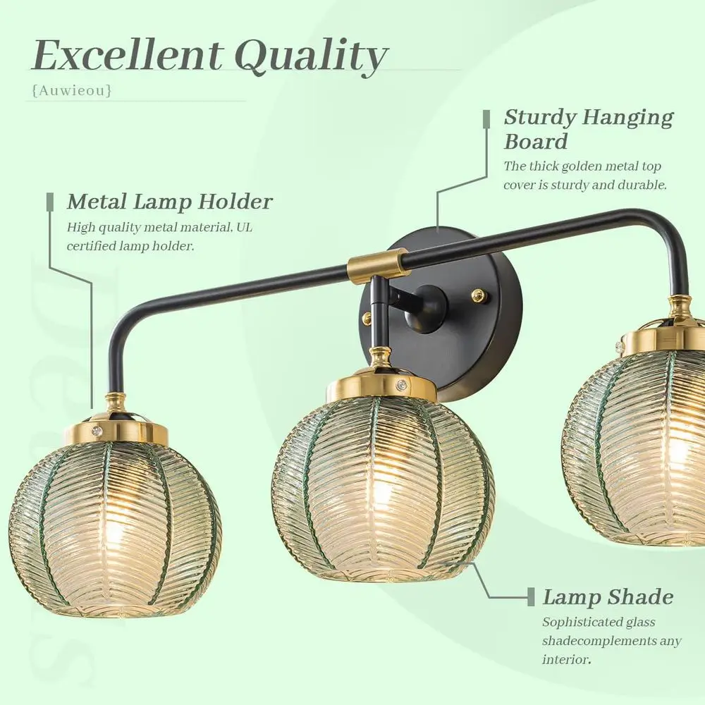 3-Light Vintage Green Glass Sconce - مصباح جداري للحمام وغرفة النوم والممر #3