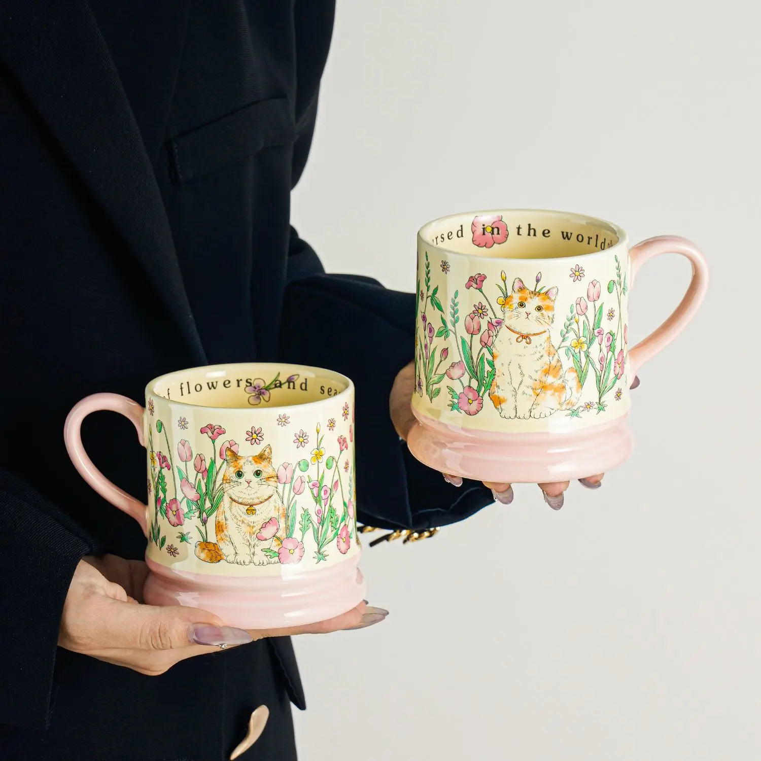 Cute Cat Ceramic Mug Amidst Flowers, Design Inspired Office Coffee Mugs, High-value Couple Tea Cup, Holiday Gift Kawaii Cup