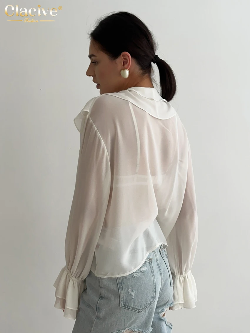 Clacive Fashion Loose White Women's Shirt 2025 Sexy V-Neck Long Sleeve Shirts Lady Elegant Classic Ruffle Top Female Clothing