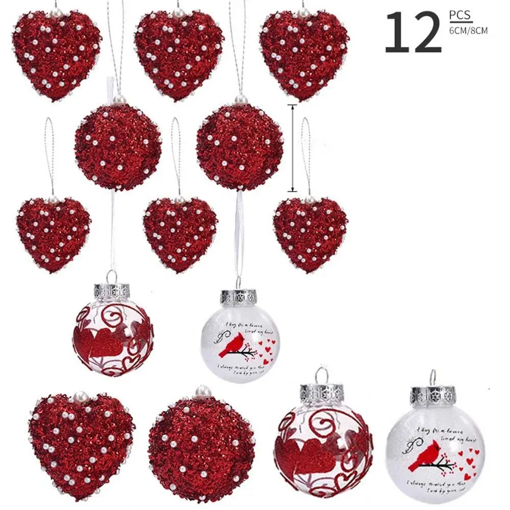 

12pcs Painted Valentine's Day Balls Pendant Romantic Reusable Heart Shaped Hanging Balls Elegant Shatterproof