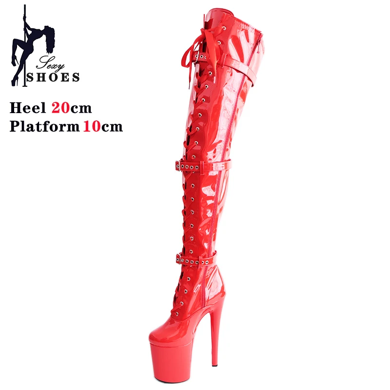 20CM Black Matte PU Over-the-Knee Boots British Style Moden Platform High Heels Pole Dance Shoes Three Buckles bota feminina