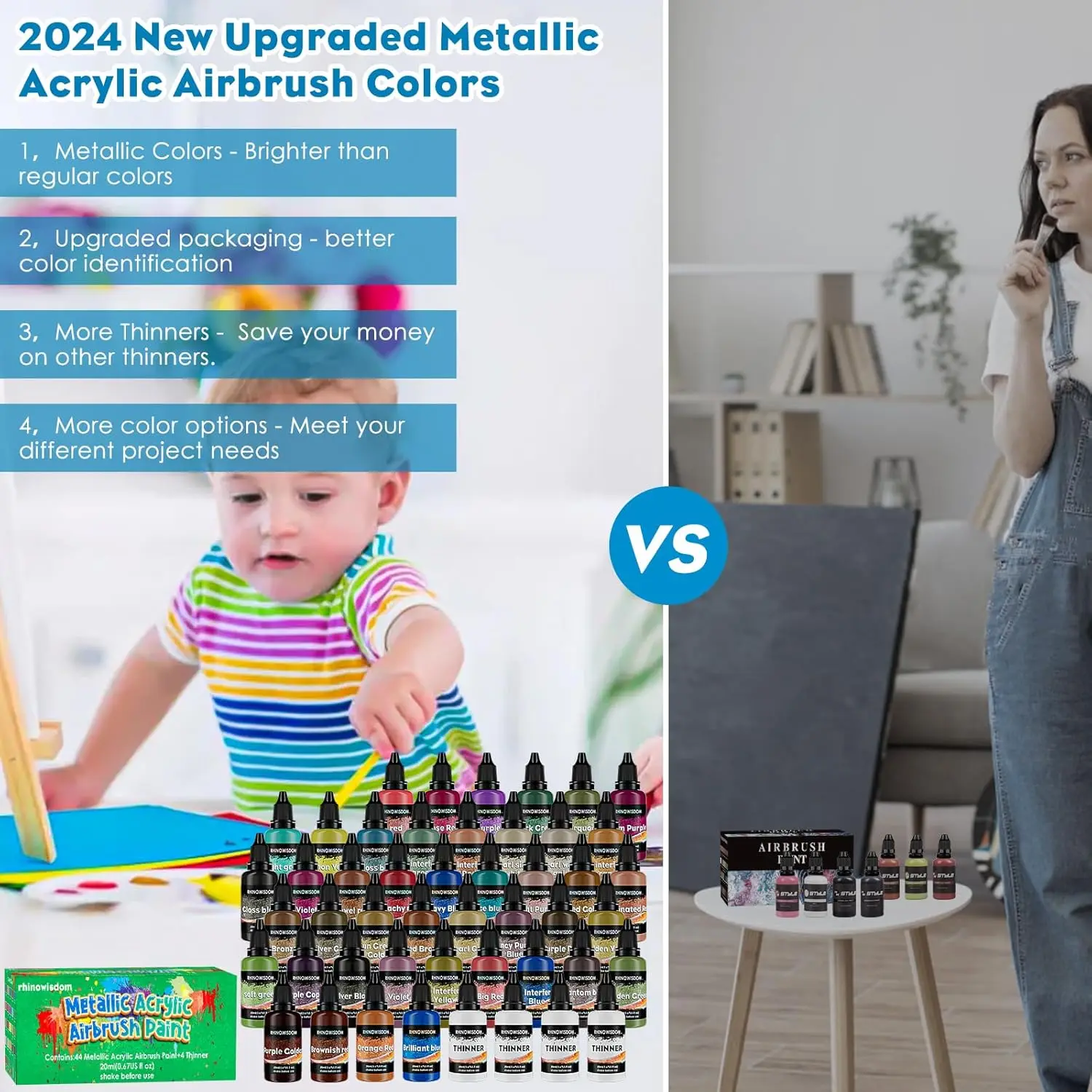 44 Colors with 4 Thinner Metallic Airbrush Paint Set (0.67 oz), Water Based Acrylic Air Brush Paint for Metal, Plastic Models, C