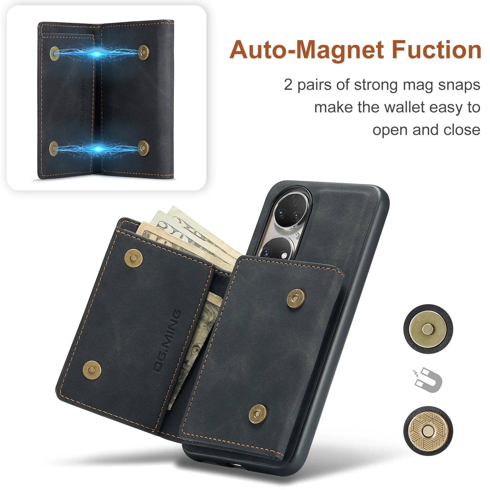 2In1 PU Leather Vintage Wallet Bag Magnetic Detachable Back Case Holder Card Slot Kickstand Phone Cover for Huawei P50 / P50 PRO