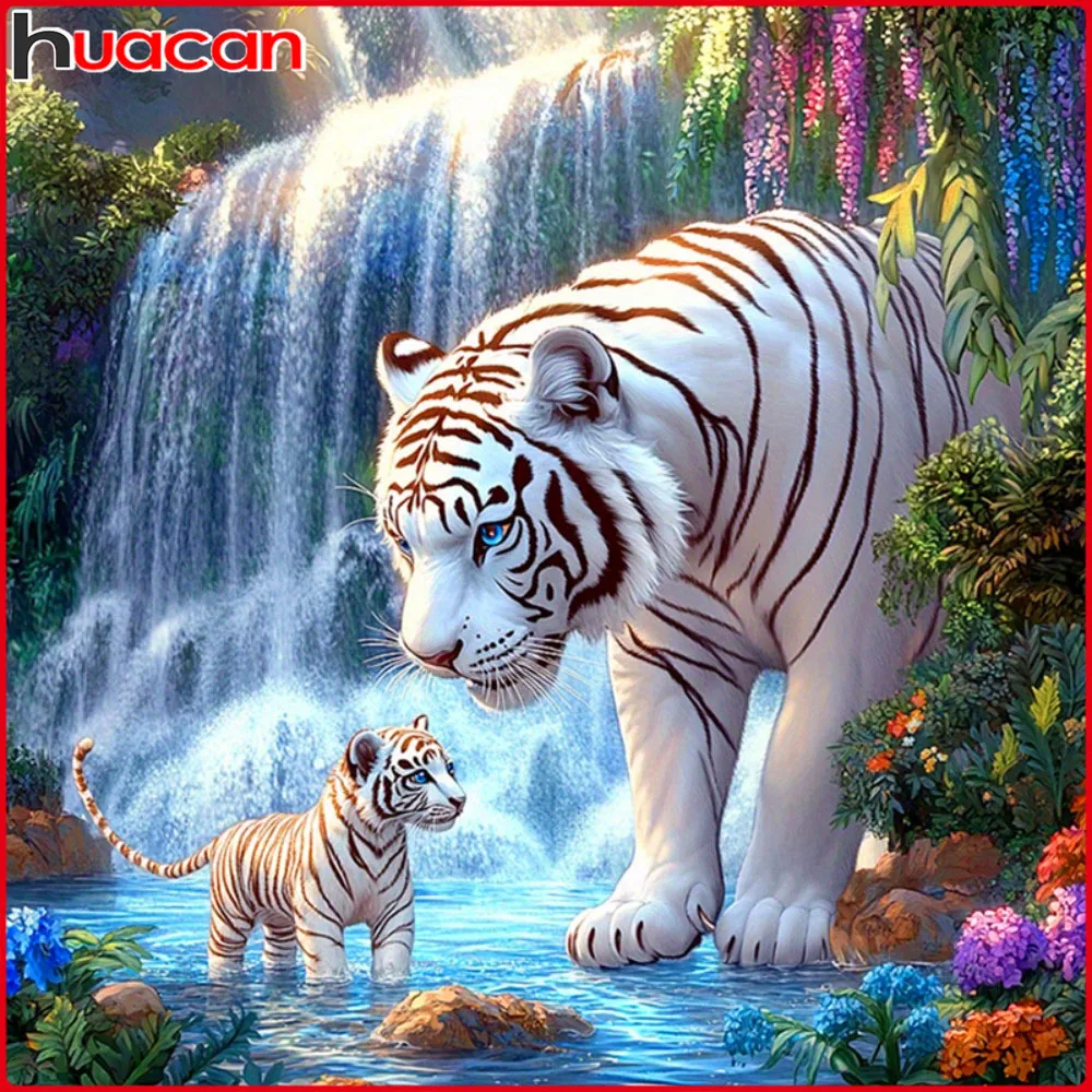 Huacan Vollquadrat Runde Diamantmalerei Tiger Wasserfall Diamant-Mosaik Tier Landschaftskunst Dekorative Gemälde