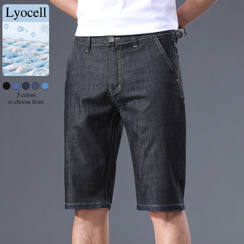 

2026 Summer Men's Denim Shorts Lyocell Cotton Thin Cool Comfort Elastic Straight Knee Jeans Business Casual Basic Match Pants