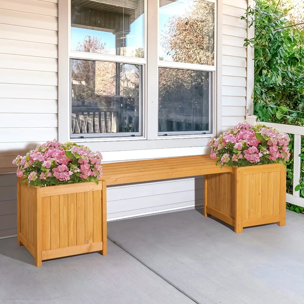 

Деревянная скамейка 2-в-1 с приподнятыми коробками для цветов с открытым основанием для наружного использования