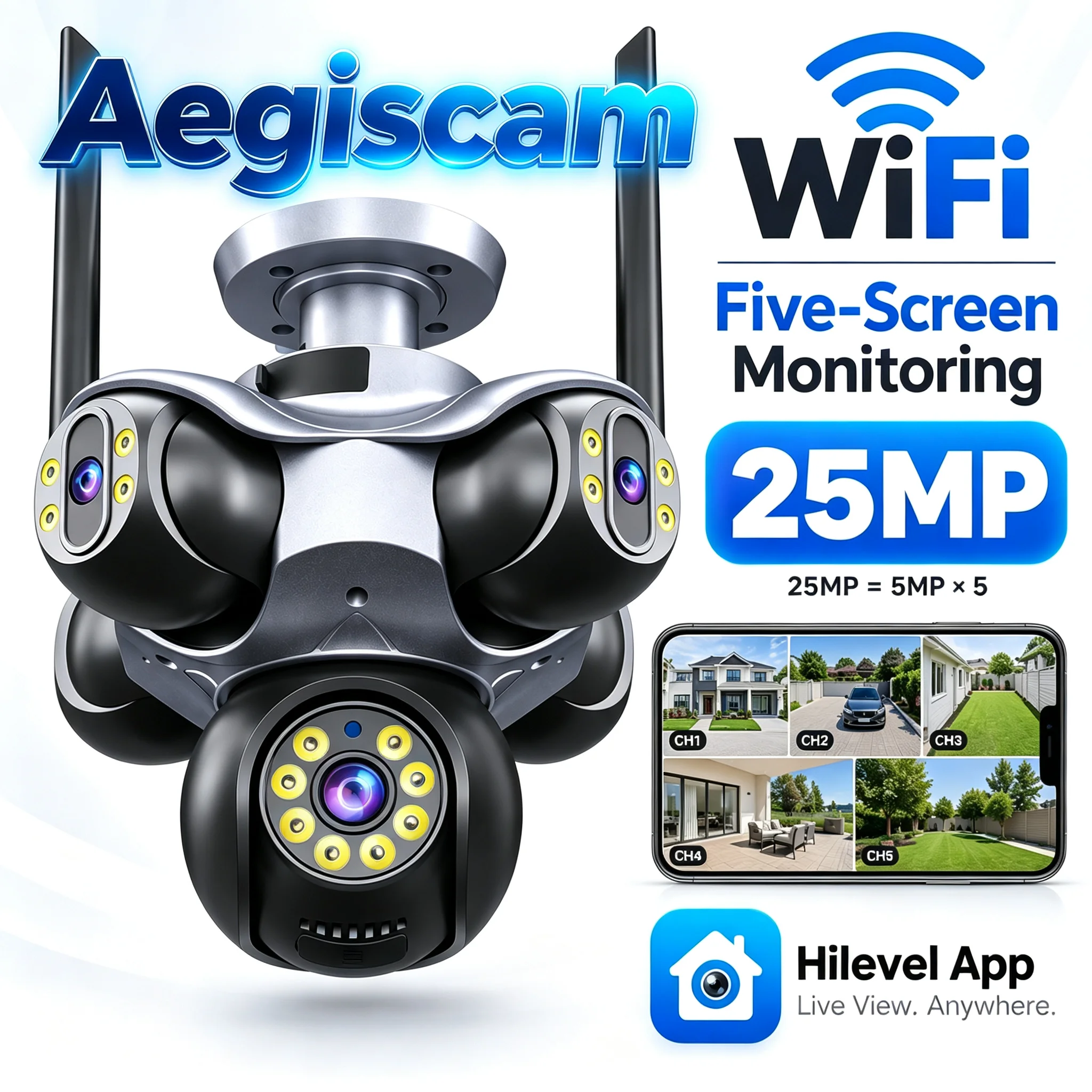 Cámara de seguridad panorámica para exteriores con 25 megapíxeles, resolución 15K, conexión Wi-Fi, 5 lentes, 5 pantallas, seguimiento