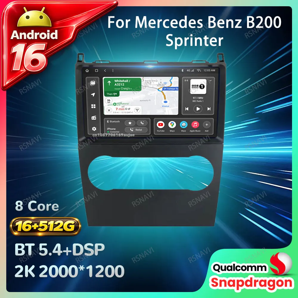 Rádio Automotivo Android 16 para Mercedes Benz B200 Sprinter W906 W639 Classe A B W169 W245 Viano Vito Reprodutor de Vídeo Multimídia Estéreo GPS