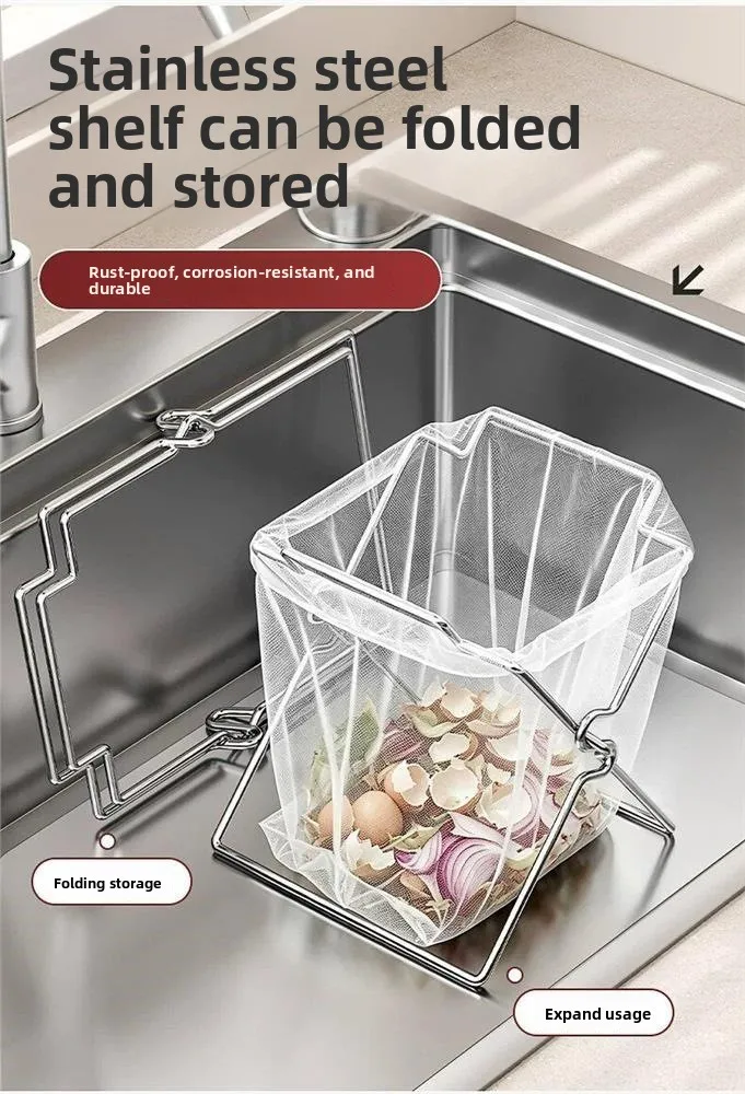 Sturdy Garbage Bag Holder Stand for Kitchen No-Drill Foldable PlasticBag Support Rack for Countertop Cabinet Space-Saving Trash