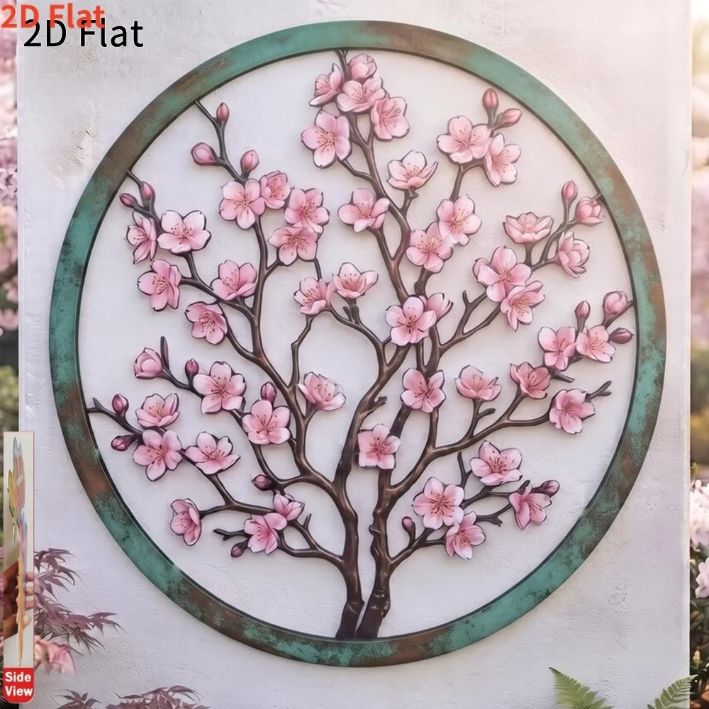 CIFBUY Metal Round Cherry Blossom Tree Wall Art, 2D Flat Floral Tree Iron Wall Decor, Nature Theme Metal Wall Hanging