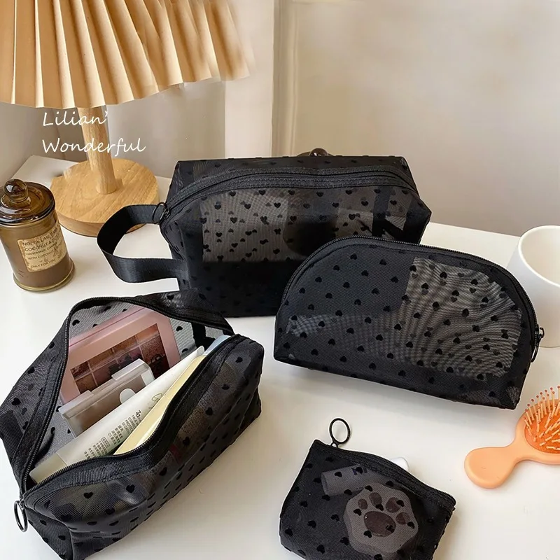 Neceser borsa cosmetica da viaggio a cuore nero borsa da toilette piccola grande in rete di moda borsa per cosmetici con cerniera trasparente