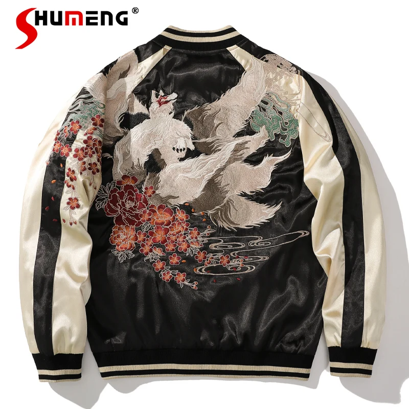 Japanese Style Male Dragon Embroidered Bomber Jackets Spring and Autumn Personality Popular Satin Baseball Uniform Coat for Men