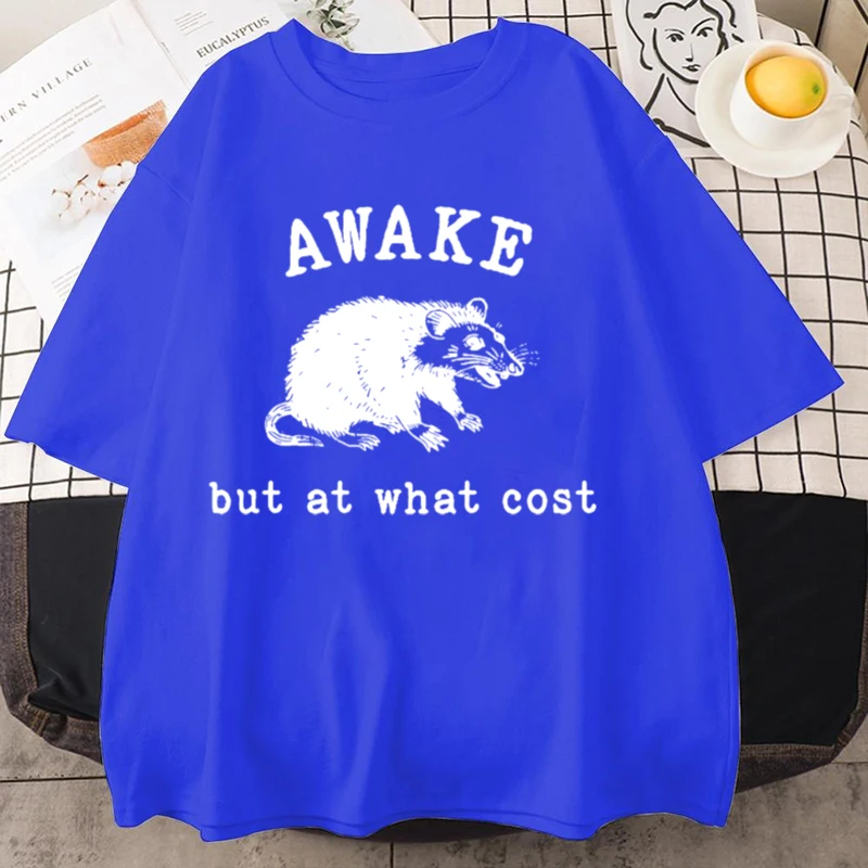 Awake But At What Cost Retro T-Shirt Funny Possum Graphic T-shirs Sarcastic Sayings T Shirt Vintage 90s Rat Meme T Shirt Tee