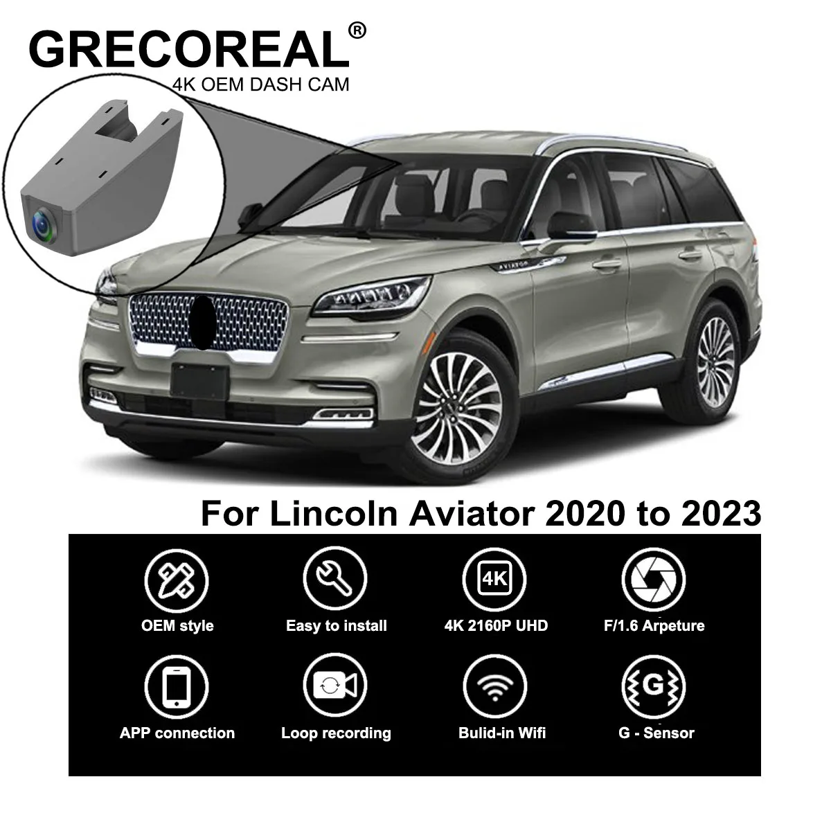 GRECOREAL 4K Dash Cam Front and Rear 2160P WiFi Dual Dashcam APP Control Easy Install Plug Play Compatible with Lincoln Aviator