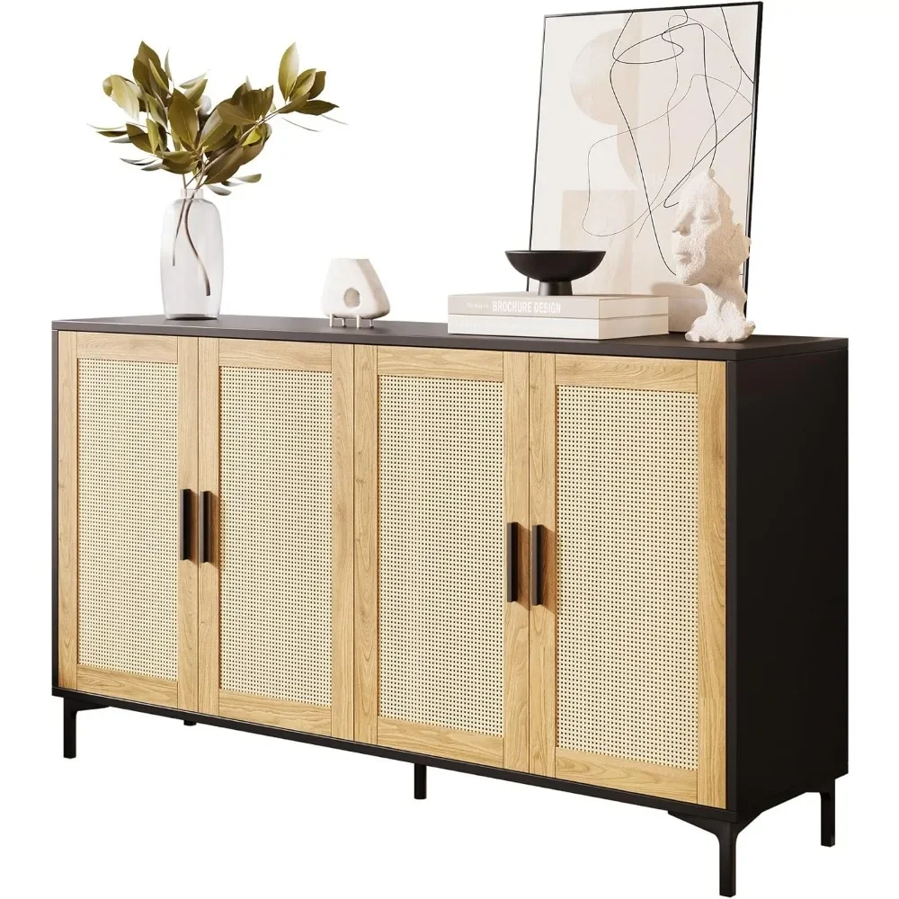 Sideboard - Kitchen Buffet Cabinet with Rattan Decorated Doors, 4 Doors Accent Sideboard Cabinet