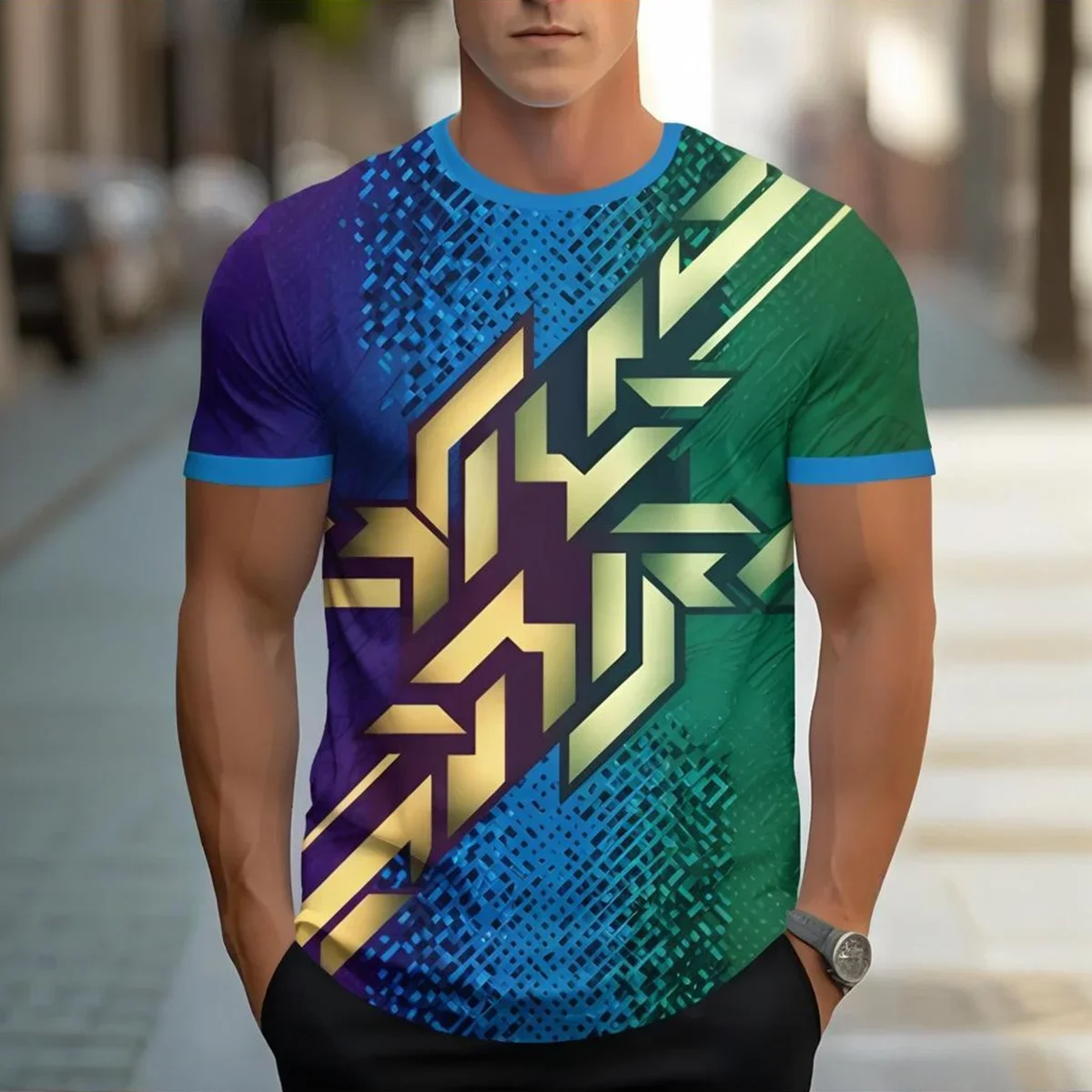 Men's Summer Sporty Style 3D Printed T-shirt Ribbed Crew Neck Short-Sleeve Quick-Dry Fabric Fashionable & Comfortable Clothing