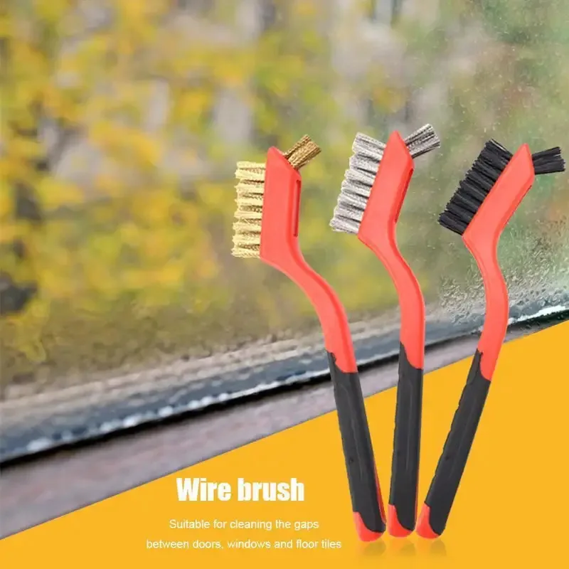 

3pcs Wire Brush Set Cleaning Tools Nylon Stainless Steel Copper Wire Brush with Curved Handle Grip for Rust Deep Cleaning Tools