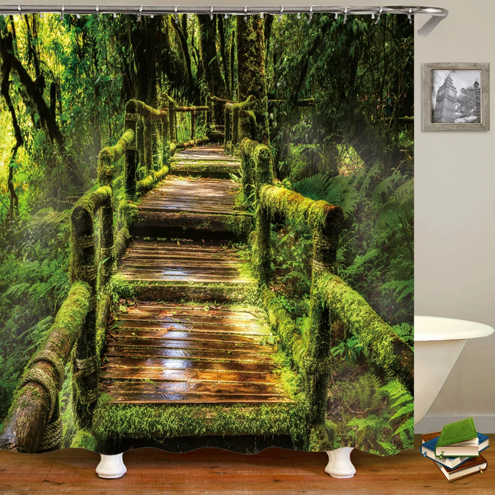 3D Forest Shower Curtain Green Plant Mountain Spring Water Shower Curtain Hook Bathroom Waterproof Scenery Decorative Curtain