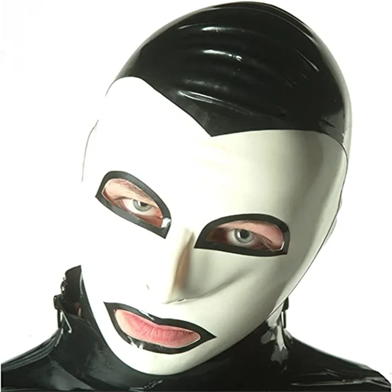 

Sexy Latex Hood Rubber Mask Black with White Handmade Open Eyes Mouth Halloween Cosplay Costumes for Men Women