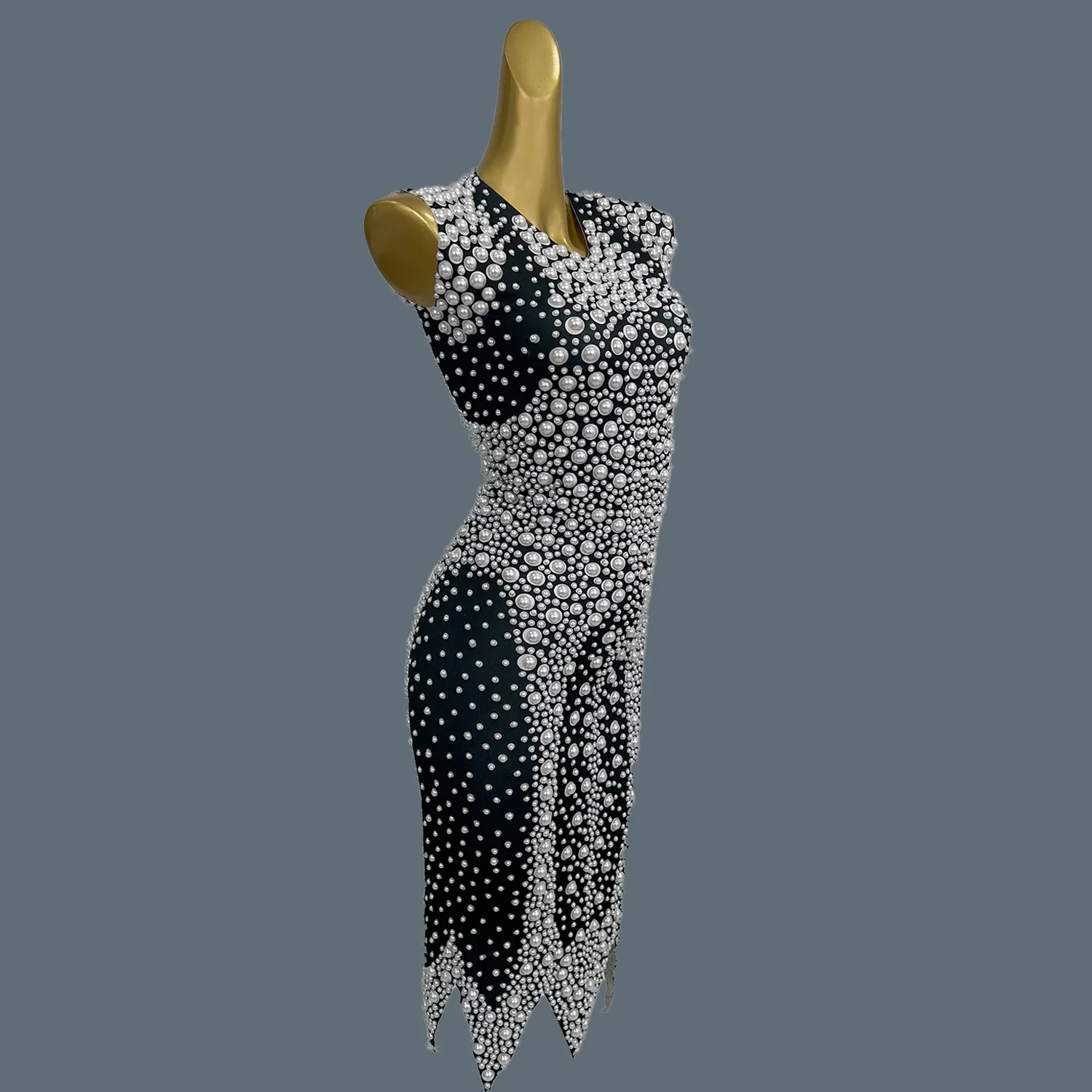 

High-end White Pearls Black Mini Dress Sleeveless Bodycon Sexy Dress Party Nightclub Singer Stage Show Wrap Dress Heizhenzhu