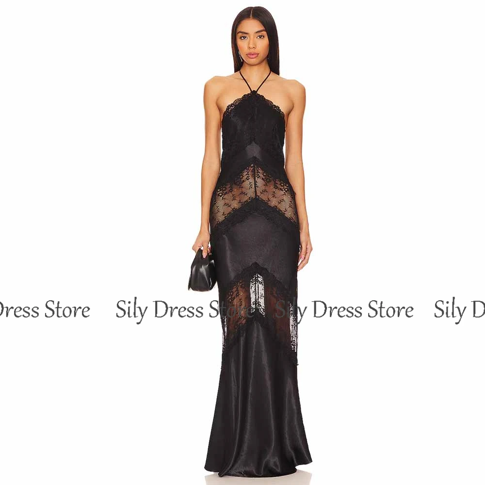 Lace Sexy Evening Dresses 2025 Satin Mermaid/Trumpet Celebrity Dress Black Halter Hollow Ruched Split Prom Dress Long image 3
