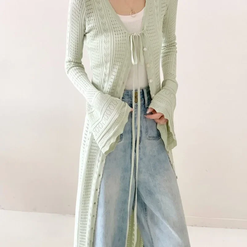 2025 Dunne Lichtgroen V-hals Lace Up Vest Jas Vrouwen Nieuwe Slim Fit Tops Mujer Y2k Lange Mouw Hollow Out tee Shirt Jurk